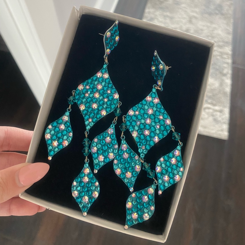 Swarovski AB and Teal Dangle Chandelier Earrings